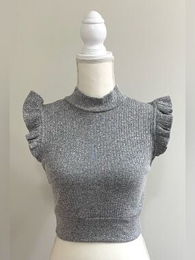 Free People Womens M Solid Gray Ribbed Flutter Sleeve Crop Sweater Y2K Preppy